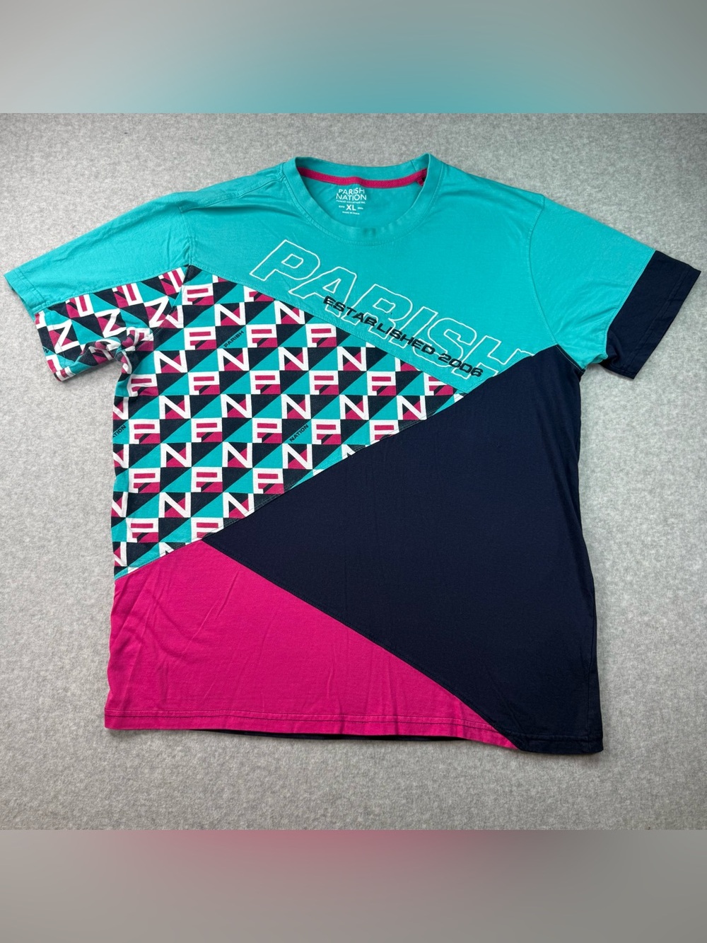 PARISH Nation Teal, Navy & Magenta Short Sleeve Graphic Tee Size XL